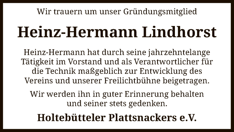  Traueranzeige für Heinz-Hermann Lindhorst vom 05.11.2020 aus SYK