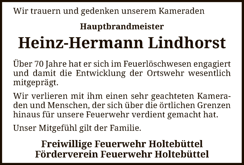  Traueranzeige für Heinz-Hermann Lindhorst vom 05.11.2020 aus SYK