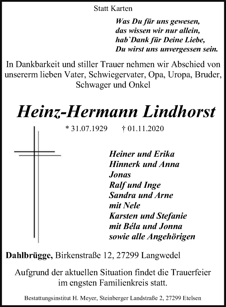  Traueranzeige für Heinz-Hermann Lindhorst vom 05.11.2020 aus SYK