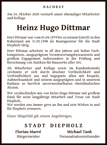 Traueranzeige von Heinz Hugo Dittmar von SYK