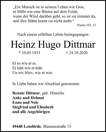 Traueranzeige von Heinz Hugo Dittmar von SYK