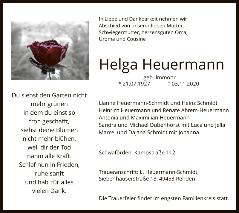  Traueranzeige für Helga Heuermann vom 05.11.2020 aus SYK