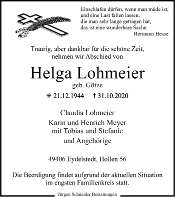 Traueranzeige von Helga Lohmeier von SYK