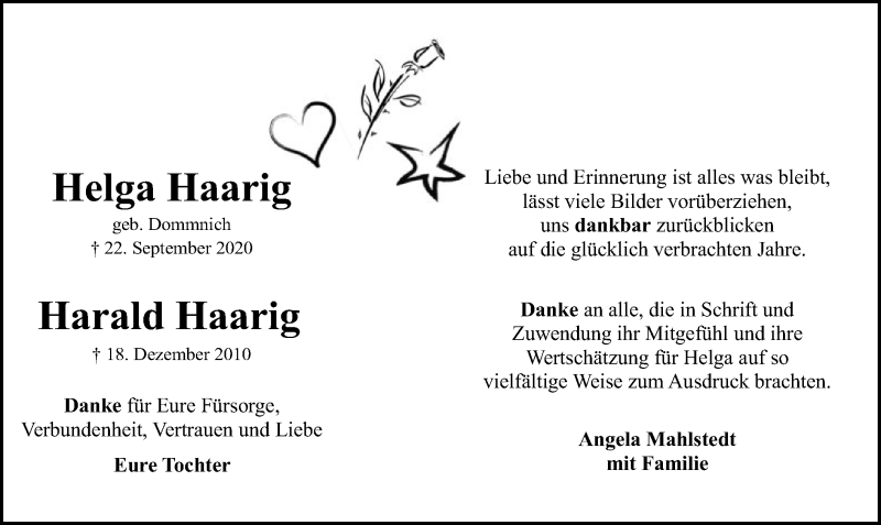  Traueranzeige für Helga und Harald Haarig vom 06.11.2020 aus SYK