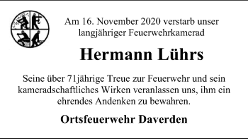 Traueranzeige von Hermann Lührs von SYK