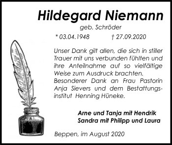 Traueranzeige von Hildegard Niemann von SYK