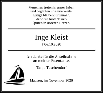 Traueranzeige von Inge Kleist von SYK