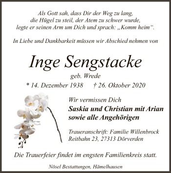 Traueranzeige von Inge Sengstacke von SYK