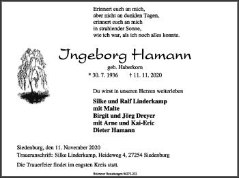 Traueranzeige von Ingeborg Hamann von SYK