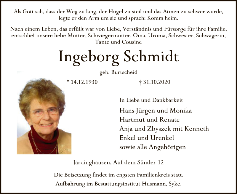  Traueranzeige für Ingeborg Schmidt vom 04.11.2020 aus SYK