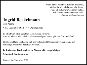 Traueranzeige von Ingrid Bockelmann von SYK