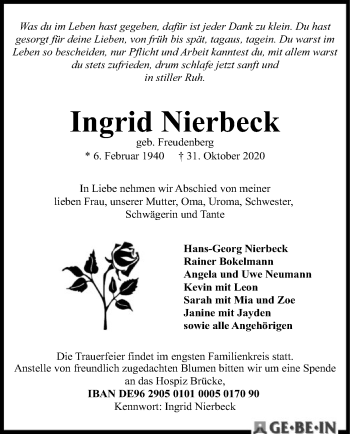 Traueranzeige von Ingrid Nierbeck von SYK