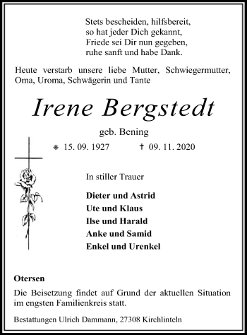 Traueranzeige von Irene Bergstedt von SYK