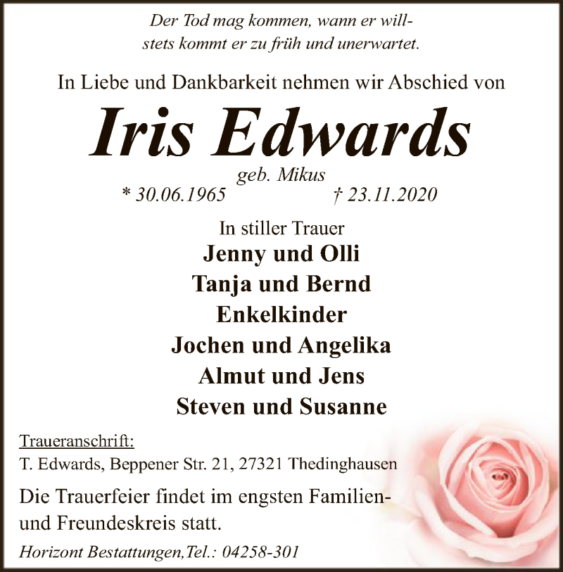  Traueranzeige für Iris Edwards vom 28.11.2020 aus SYK
