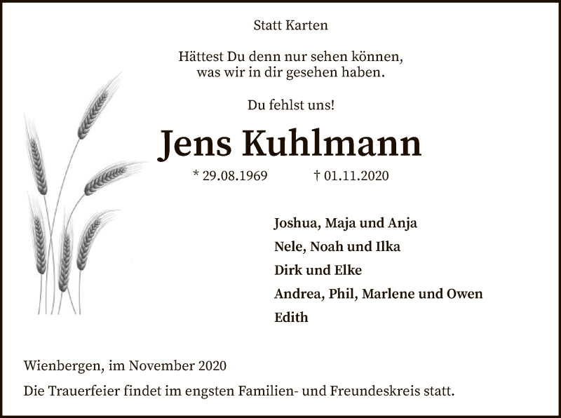  Traueranzeige für Jens Kuhlmann vom 07.11.2020 aus SYK