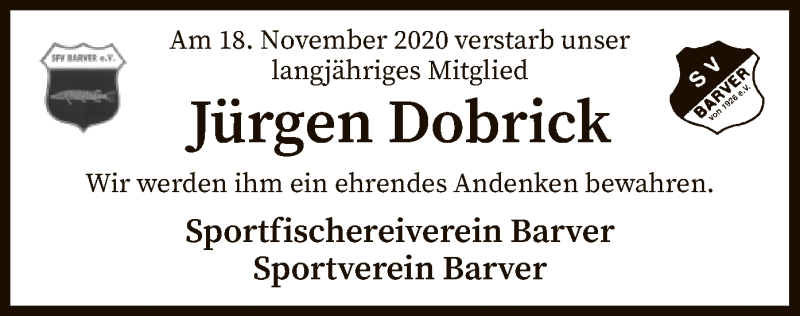  Traueranzeige für Jürgen Dobrick vom 24.11.2020 aus SYK