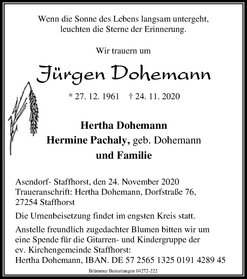  Traueranzeige für Jürgen Dohemann vom 27.11.2020 aus SYK