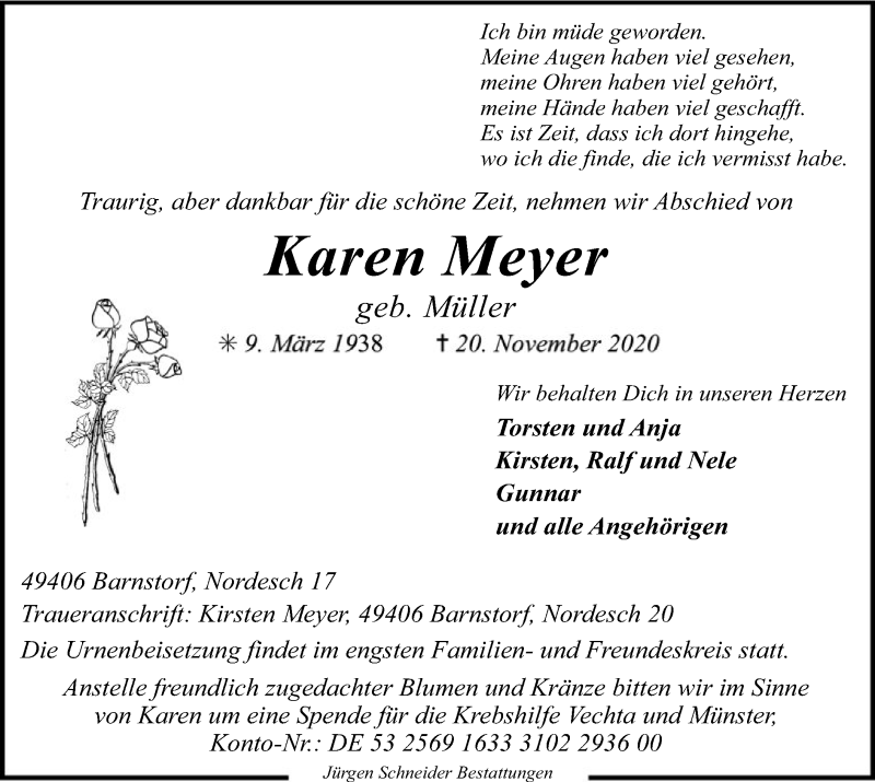  Traueranzeige für Karen Meyer vom 24.11.2020 aus SYK