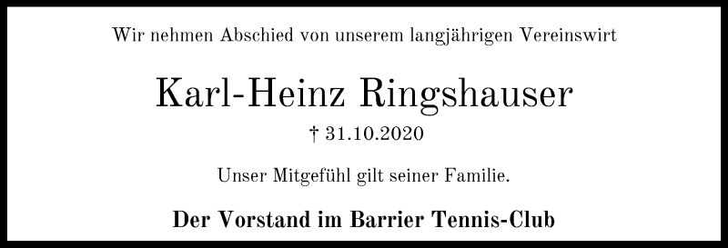  Traueranzeige für Karl-Heinz Ringshauser vom 10.11.2020 aus SYK