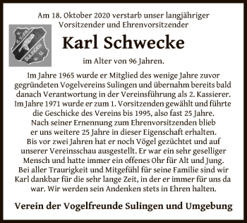 Traueranzeige von Karl Schwecke von SYK