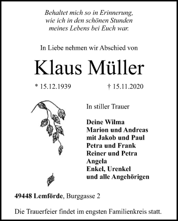 Traueranzeige von Klaus Müller von SYK