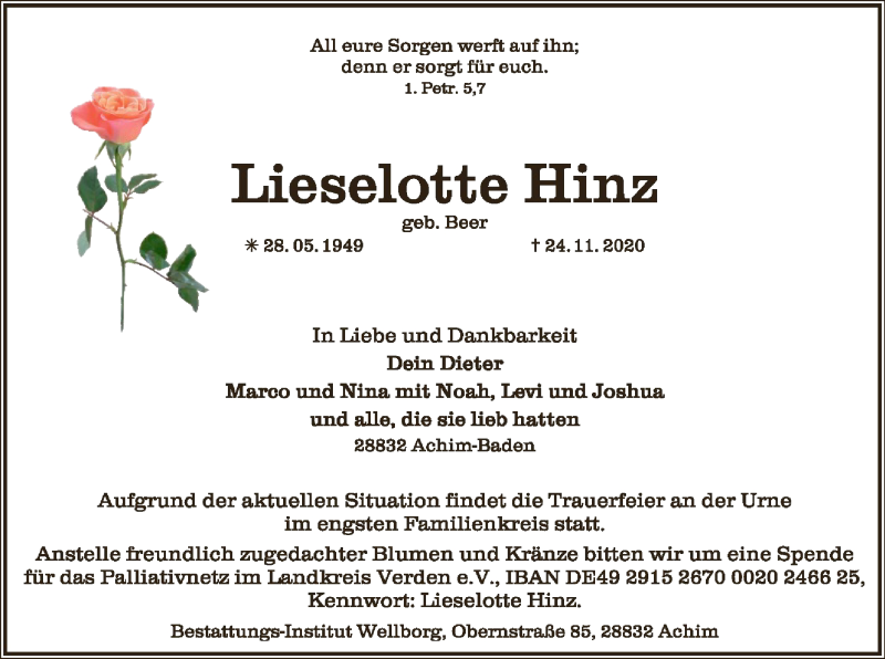  Traueranzeige für Lieselotte Hinz vom 28.11.2020 aus SYK