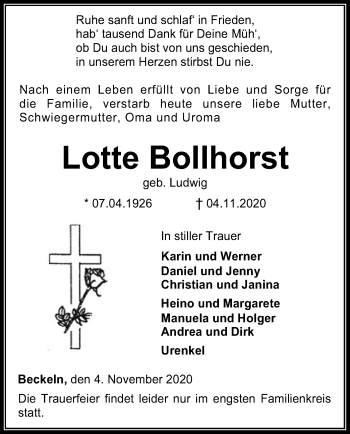 Traueranzeige von Lotte Bollhorst von SYK