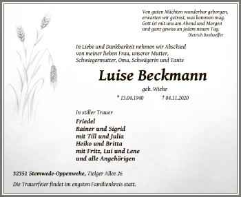 Traueranzeige von Luise Beckmann von SYK