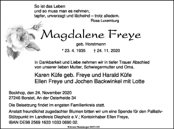 Traueranzeige von Magdalene Freye von SYK