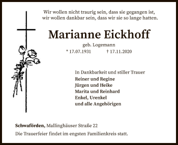 Traueranzeige von Marianne Eickhoff von SYK