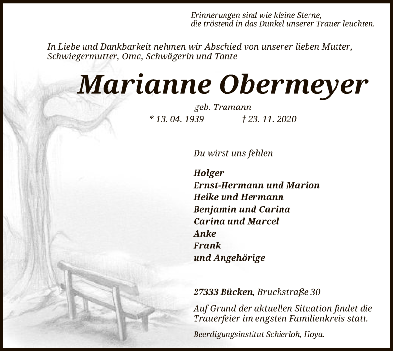  Traueranzeige für Marianne Obermeyer vom 25.11.2020 aus SYK