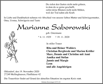 Traueranzeige von Marianne Saborowski von SYK