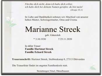 Traueranzeige von Marianne Streek von SYK