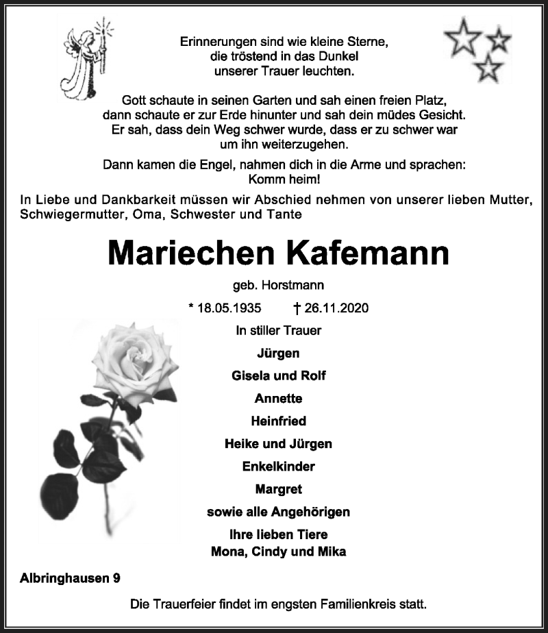  Traueranzeige für Mariechen Kafemann vom 28.11.2020 aus SYK