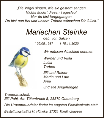 Traueranzeige von Mariechen Steinke von SYK