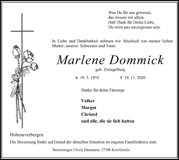 Traueranzeige von Marlene Dommick von SYK