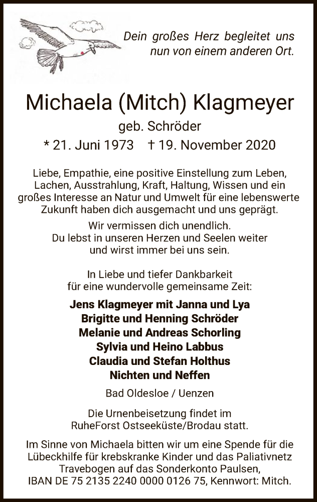  Traueranzeige für Michaela Klagmeyer vom 26.11.2020 aus SYK