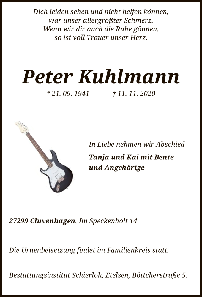  Traueranzeige für Peter Kuhlmann vom 14.11.2020 aus SYK