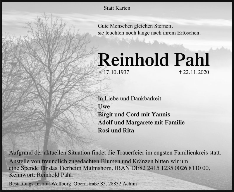  Traueranzeige für Reinhold Pahl vom 28.11.2020 aus SYK