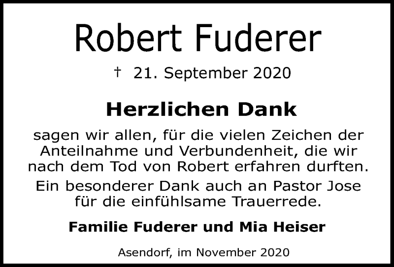  Traueranzeige für Robert Fuderer vom 07.11.2020 aus SYK