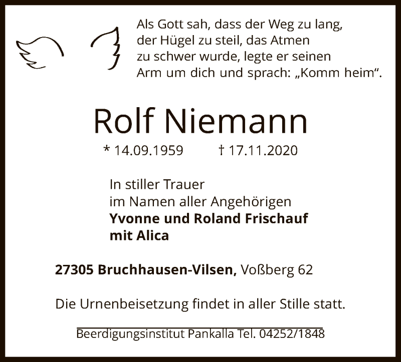  Traueranzeige für Rolf Niemann vom 19.11.2020 aus SYK