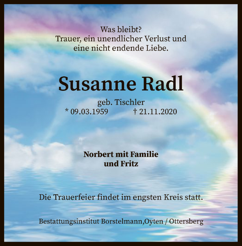 Traueranzeige für Susanne Radl vom 28.11.2020 aus SYK