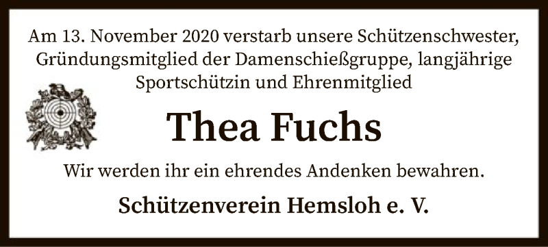  Traueranzeige für Thea Fuchs vom 19.11.2020 aus SYK