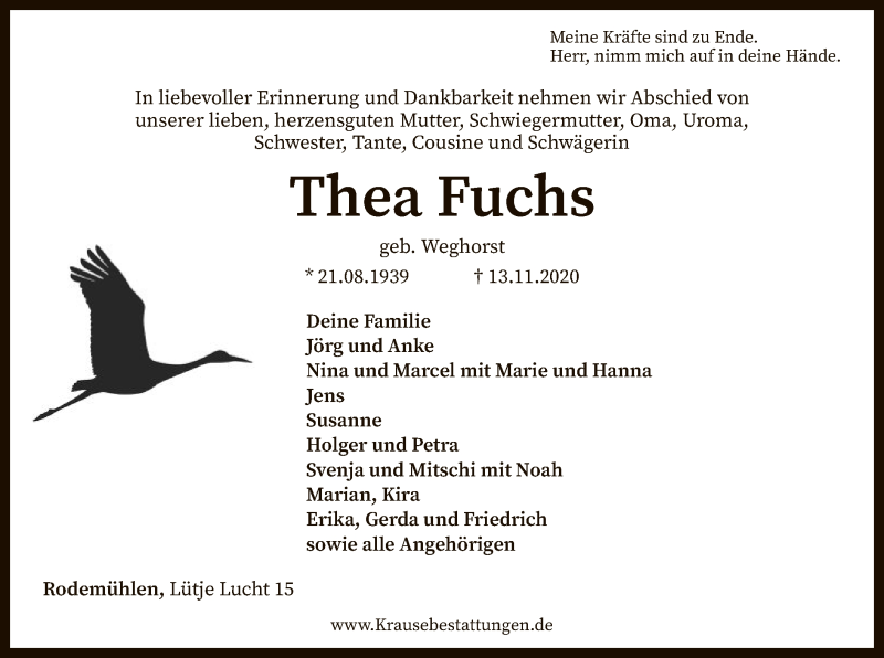  Traueranzeige für Thea Fuchs vom 17.11.2020 aus SYK