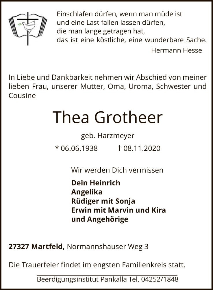  Traueranzeige für Thea Grotheer vom 10.11.2020 aus SYK