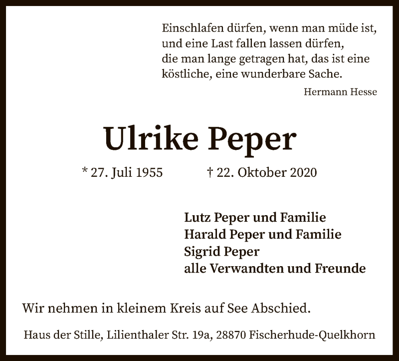  Traueranzeige für Ulrike Peper vom 04.11.2020 aus SYK