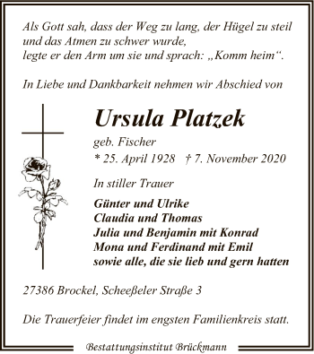 Traueranzeige von Ursula Platzek von SYK