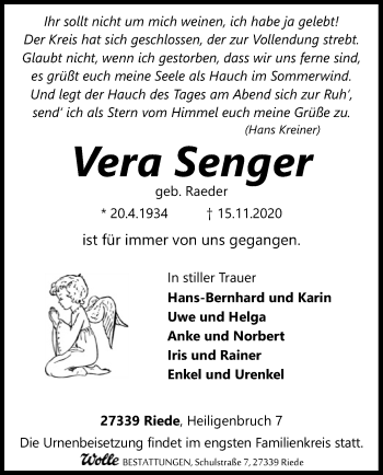 Traueranzeige von Vera Senger von SYK