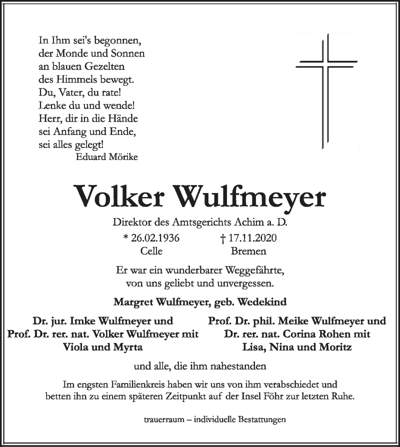  Traueranzeige für Volker Wulfmeyer vom 25.11.2020 aus SYK