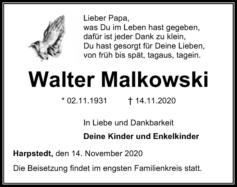  Traueranzeige für Walter Malkowski vom 17.11.2020 aus SYK